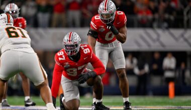 Arlington, TX, USA; Ohio State Buckeyes defensive end Kenyatta Jackson Jr. (97) and linebacker Sonny Styles (0) get into position during the 2025 Cotton Bowl and quarterfinal game of the College Football Playoff at AT&T Stadium.
