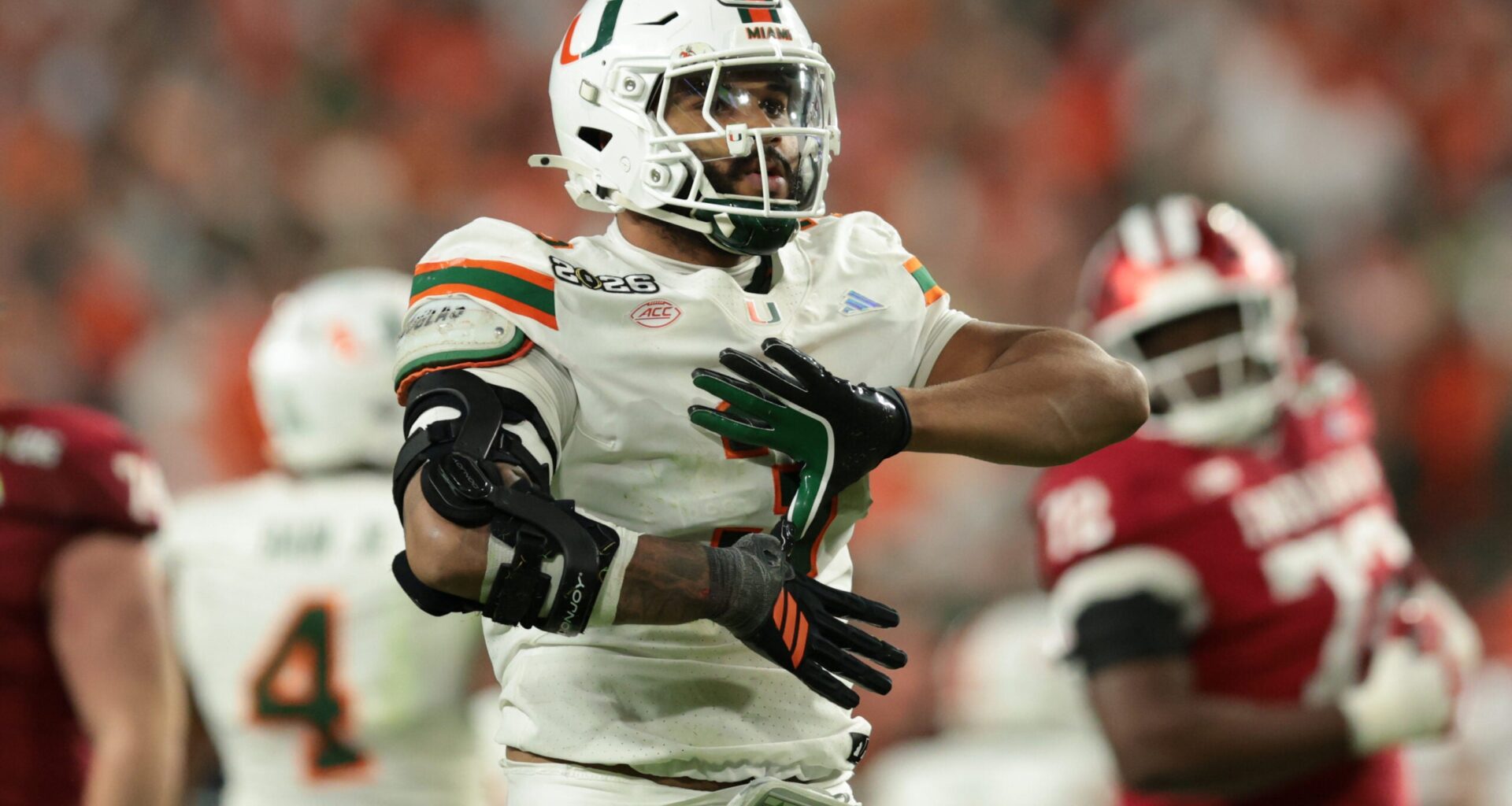 Jan 19, 2026; Miami Gardens, FL, USA; Miami Hurricanes defensive lineman Akheem Mesidor (3) celebrates after a sack against the Indiana Hoosiers in the third quarter during the College Football Playoff National Championship game at Hard Rock Stadium.