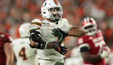 Jan 19, 2026; Miami Gardens, FL, USA; Miami Hurricanes defensive lineman Akheem Mesidor (3) celebrates after a sack against the Indiana Hoosiers in the third quarter during the College Football Playoff National Championship game at Hard Rock Stadium.
