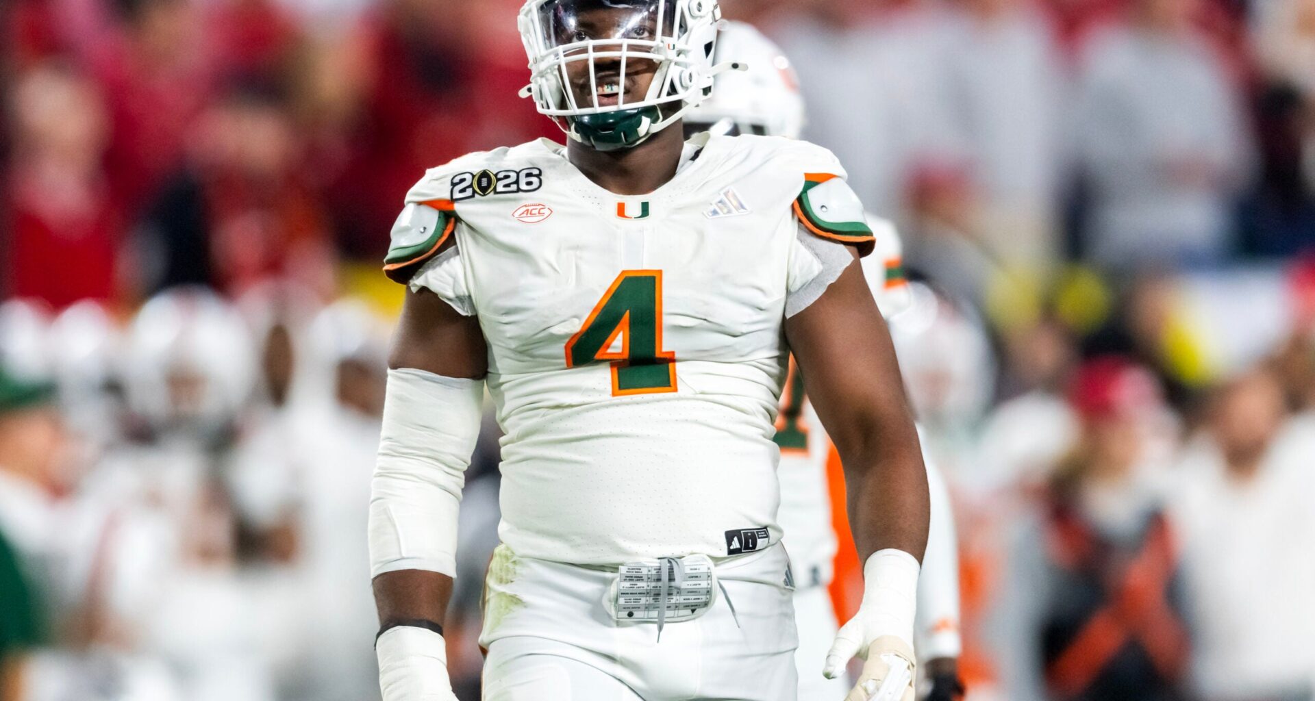 Jan 19, 2026; Miami Gardens, FL, USA; Miami Hurricanes defensive lineman Rueben Bain Jr. (4) against the Indiana Hoosiers during the College Football Playoff National Championship game at Hard Rock Stadium.
