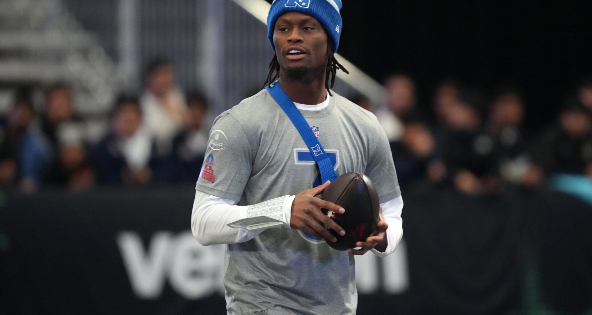 Feb 2, 2026; San Francisco, CA, USA; Dallas Cowboys receiver George Pickens during NFC practice at the NFL Flag Fieldhouse at Moscone Center South Building.