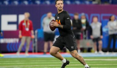 Feb 28, 2026; Indianapolis, IN, USA; Miami quarterback Carson Beck (QB04) during the NFL Scouting Combine at Lucas Oil Stadium.