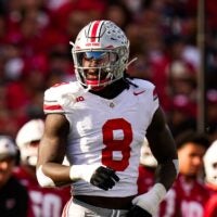 Ohio State Buckeyes linebacker Arvell Reese (8) reacts during the game against the Wisconsin Badgers at Camp Randall Stadium on Saturday, Oct. 18, 2025 in Madison, Wisconsin.