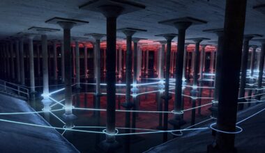 Red and white LED lights connect a network of pillars underground