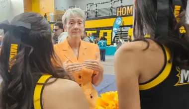 UTEP President Heather Wilson talks with Parkland High School cheerleaders during a visit to the Northeast El Paso campus on Monday, April 27, 2026.