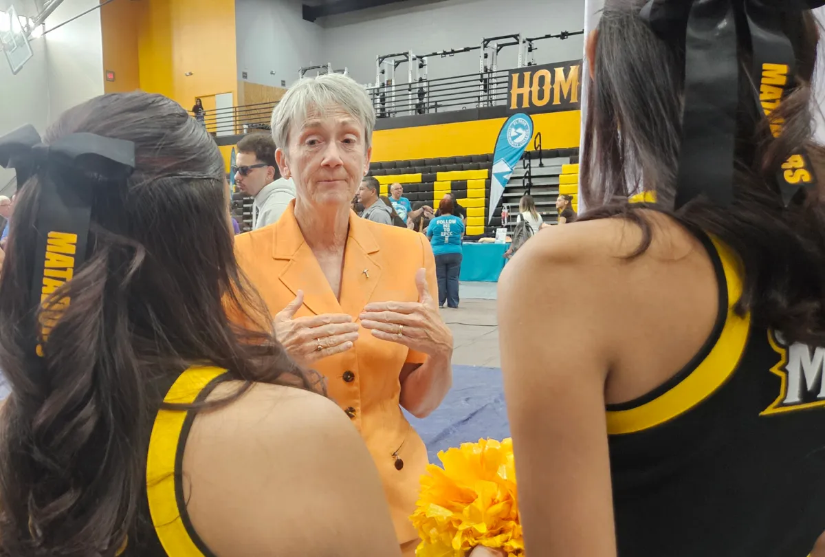 UTEP President Heather Wilson talks with Parkland High School cheerleaders during a visit to the Northeast El Paso campus on Monday, April 27, 2026.