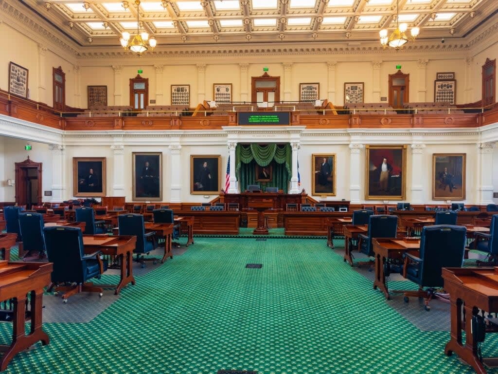 the inside of one of the chambers at the texas state capitol. there's green flooring