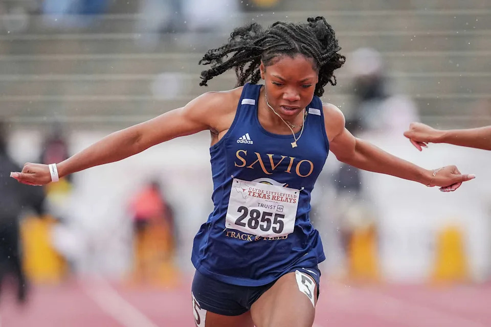 St. Dominic Savio’s Chayse Madison-Haire wins the D1 100-meter dash in a time of 11.91 on Saturday afternoon during the 98th Clyde Littlefield Texas Relays at Mike A. Myers Stadium in Austin, April 4, 2026. (Sara Diggins/Austin American-Statesman)