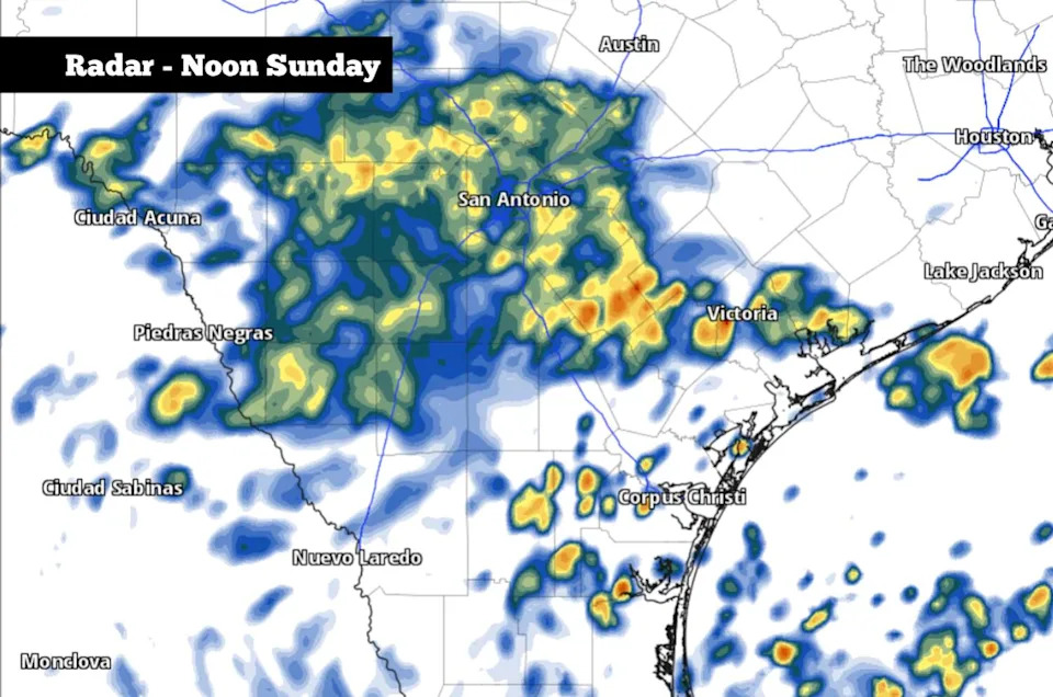 Shown is the potential radar at noon Sunday, as light showers move across South Texas. (Pivotal Weather)