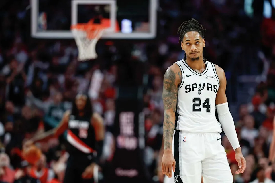 San Antonio Spurs guard Devin Vassell (24) stands on the court during the third quarter of Game 4 of a first-round NBA playoff series against the Portland Trail Blazers at Moda Center on Sunday, April 26, 2026. The Spurs won 114-93, leading the series 3-1. (Sam Owens/San Antonio Express-News)