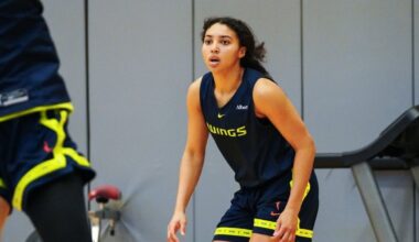 Dallas Wings guard Azzi Fudd participates in drills during the team's first training camp practice at College Park Center in Arlington.