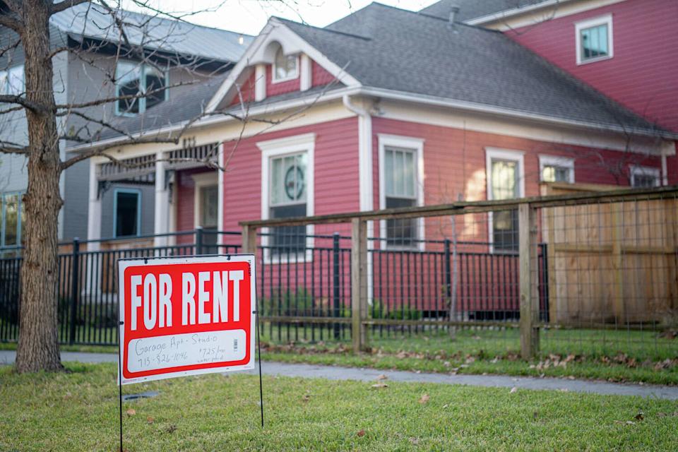 A 'For Rent' sign is posted near a home on February 07, 2022 in Houston. A recent WalletHub analysis reveals the city has one of the largest rent burdens in Texas. (Brandon Bell/Getty Images)