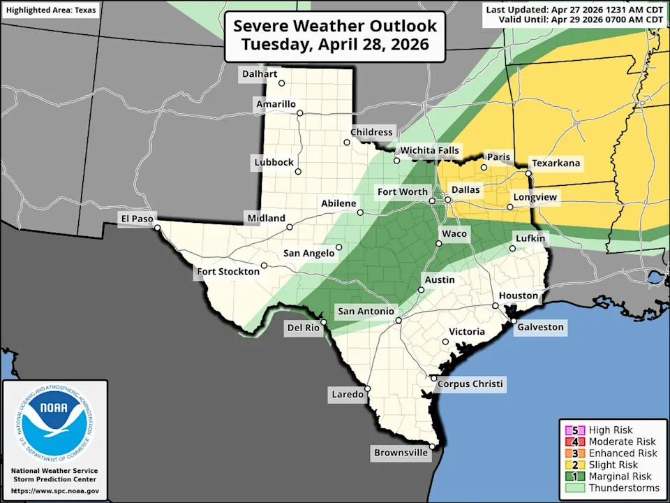 A severe thunderstorm threat is highest across Northeast Texas on Tuesday, but Austin and the Hill Country still have a low threat. Large hail and damaging winds are the main concern farther northeast. (Storm Prediction Center)