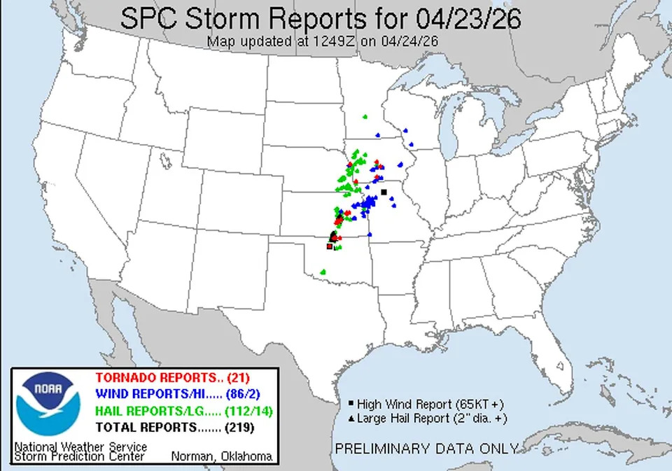 Severe storm reports from across the contiguous United States, as of Thursday. (Storm Prediction Center)