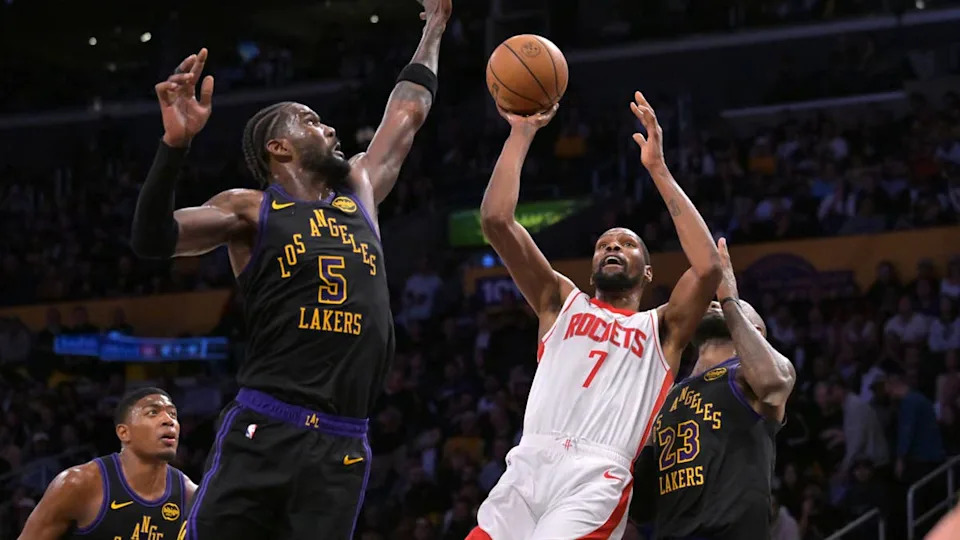 Apr 21, 2026; <a class="link " href="https://sports.yahoo.com/nba/teams/la-lakers/" data-i13n="sec:content-canvas;subsec:anchor_text;elm:context_link" data-ylk="slk:Los Angeles;sec:content-canvas;subsec:anchor_text;elm:context_link;itc:0" data-yga="{"yLinkElement":"context_link","yModuleName":"content-canvas","yLinkText":"Los Angeles","ySubModuleName":"anchor_text","yHasCommerce":false}">Los Angeles</a>, California, USA; Houston Rockets forward Kevin Durant (7) is defended by Los Angeles Lakers center <a class="link " href="https://sports.yahoo.com/nba/players/5958/" data-i13n="sec:content-canvas;subsec:anchor_text;elm:context_link" data-ylk="slk:Deandre Ayton;sec:content-canvas;subsec:anchor_text;elm:context_link;itc:0" data-yga="{"yLinkElement":"context_link","yModuleName":"content-canvas","yLinkText":"Deandre Ayton","ySubModuleName":"anchor_text","yHasCommerce":false}">Deandre Ayton</a> (5) as he drives to the basket during the second half of game two of the first round of the 2026 NBA Playoffs at Crypto.com Arena. Mandatory Credit: Jayne Kamin-Oncea-Imagn Images© Jayne Kamin-Oncea-Imagn Images&period;