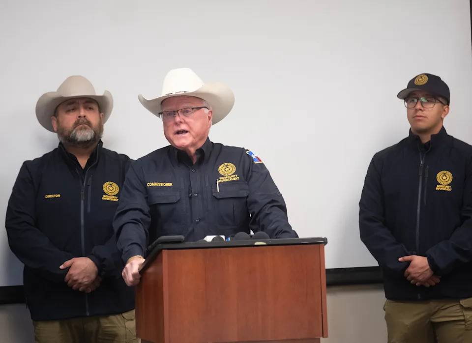 Texas Agriculture Commissioner Sid Miller outlines fencing, feed and recovery assistance for ranchers affected by Panhandle wildfires Friday in Amarillo.