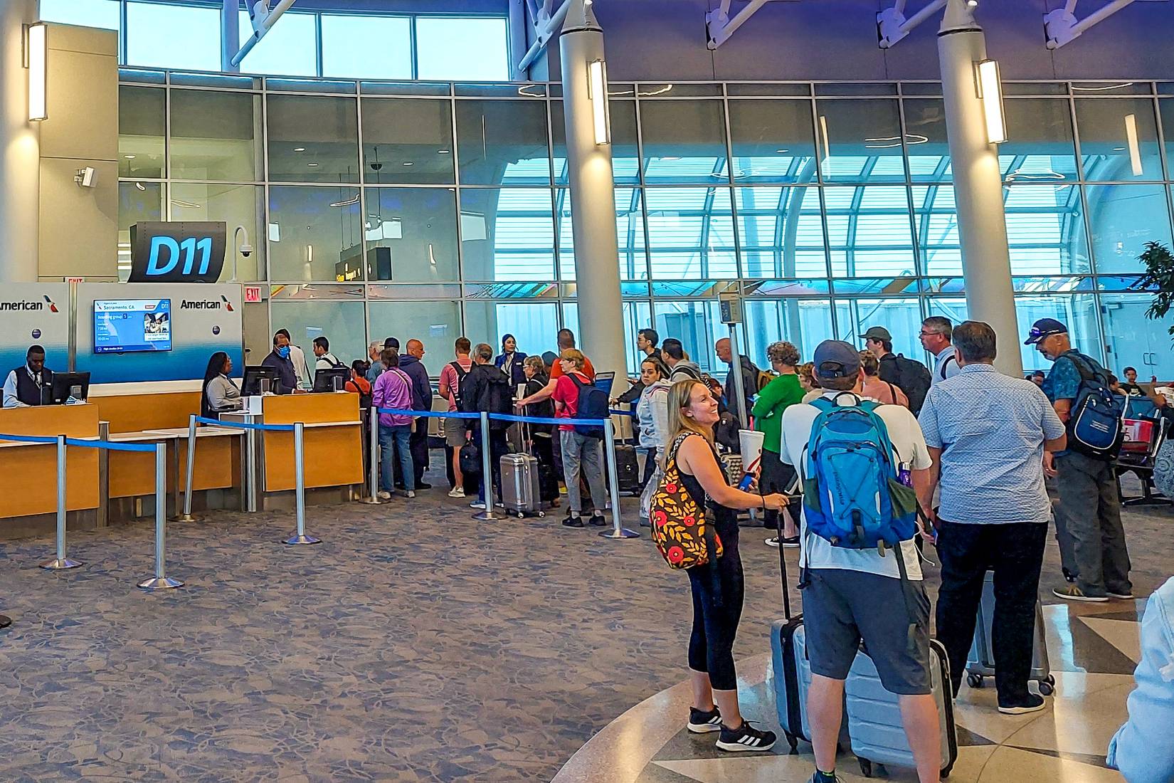 American Airlines passengers in line at the boarding gate
