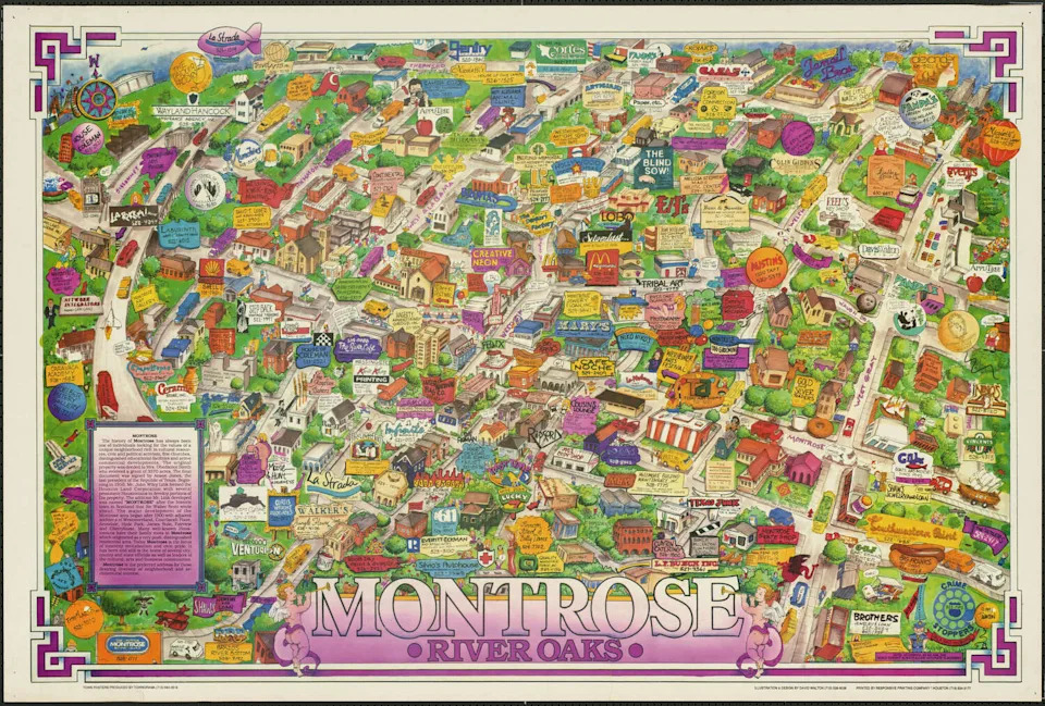 A 1990s-era map of Montrose and River Oaks, done by Houston artist David Walton. (JD Doyle, Houston LGBT History, UH Libraries)
