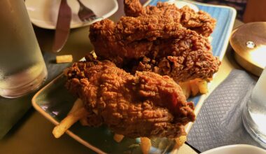 a plate of thick chicken tenders over fries