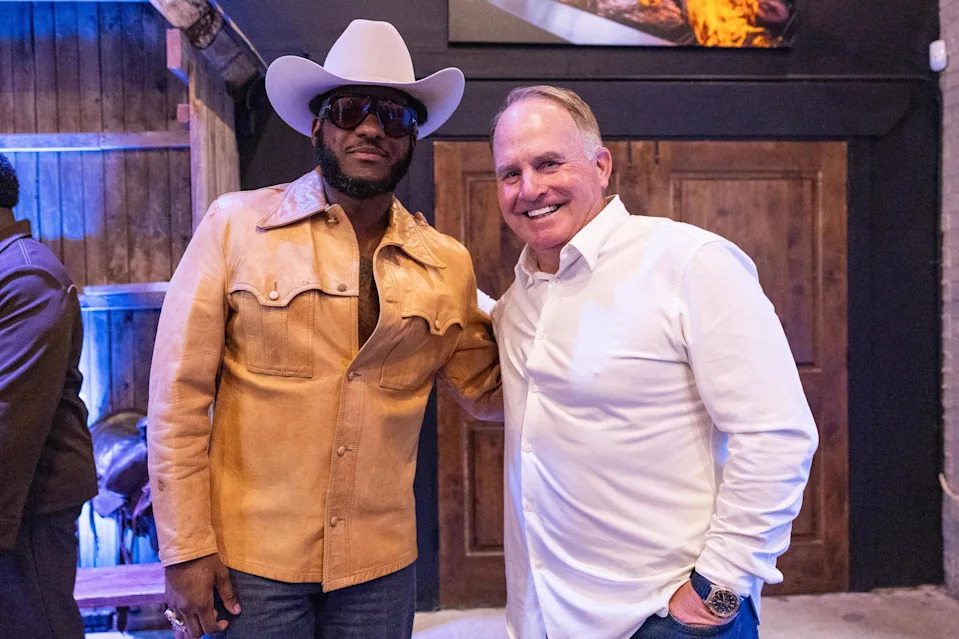 Musician Leon Bridges and former TCU head football coach Gary Patterson are photographed at The Big Good’s charity fundraiser, The Big Night, at the River Ranch Stockyards in Fort Worth on Thursday, April 3, 2025.