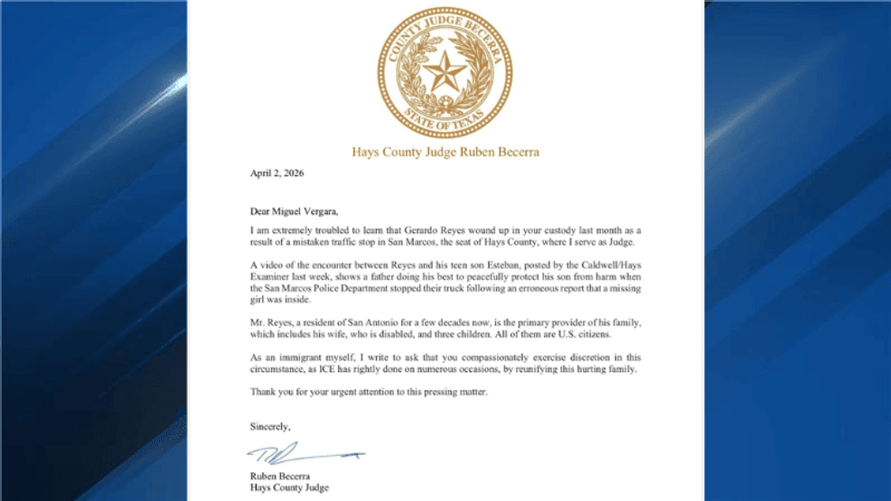 In a letter dated April 2 and addressed to ICE Field Office Director Miguel Vergara, Hays County Judge Ruben Becerra wrote that he was "extremely troubled" by the circumstances. (Photo:{ }Mano Amiga)