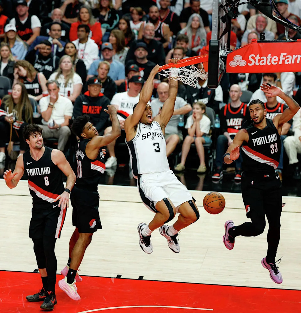 during the fourth quarter of Game 4 of a first-round NBA playoff series at Moda Center on Sunday, April 26, 2026. The Spurs won 114-93, leading the series 3-1. (Sam Owens/San Antonio Express-News)