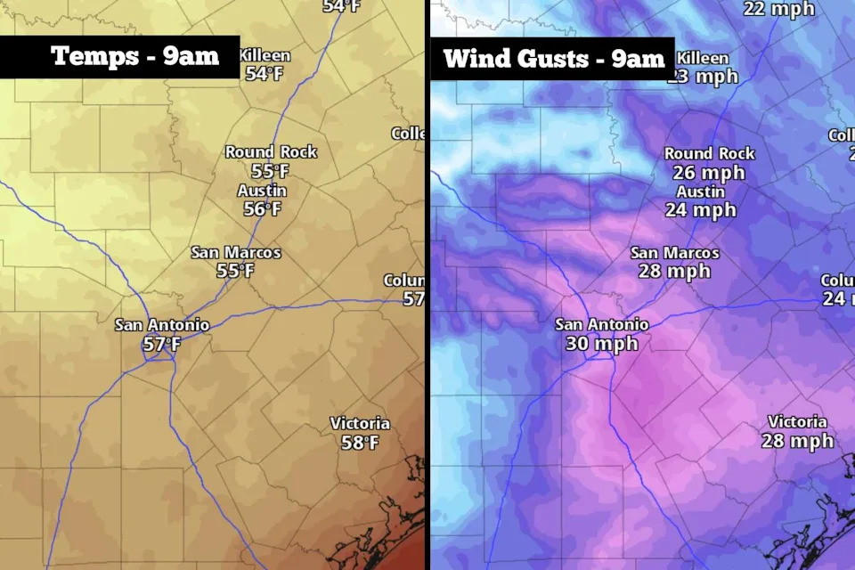 Shown are the expected temperatures (left) as well as wind gusts (right) across the region at 9 a.m. Easter Sunday. (Pivotal Weather)