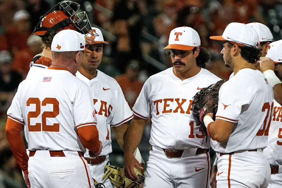 Texas Longhorns head coach Jim Schlossnagle takes pitcher Ruger Riojas (13) out of the game against Ole Miss at UFCU Disch-Falk Field on Friday, March 13, 2026 in Austin. (Aaron E. Martinez/Austin American-Statesman)