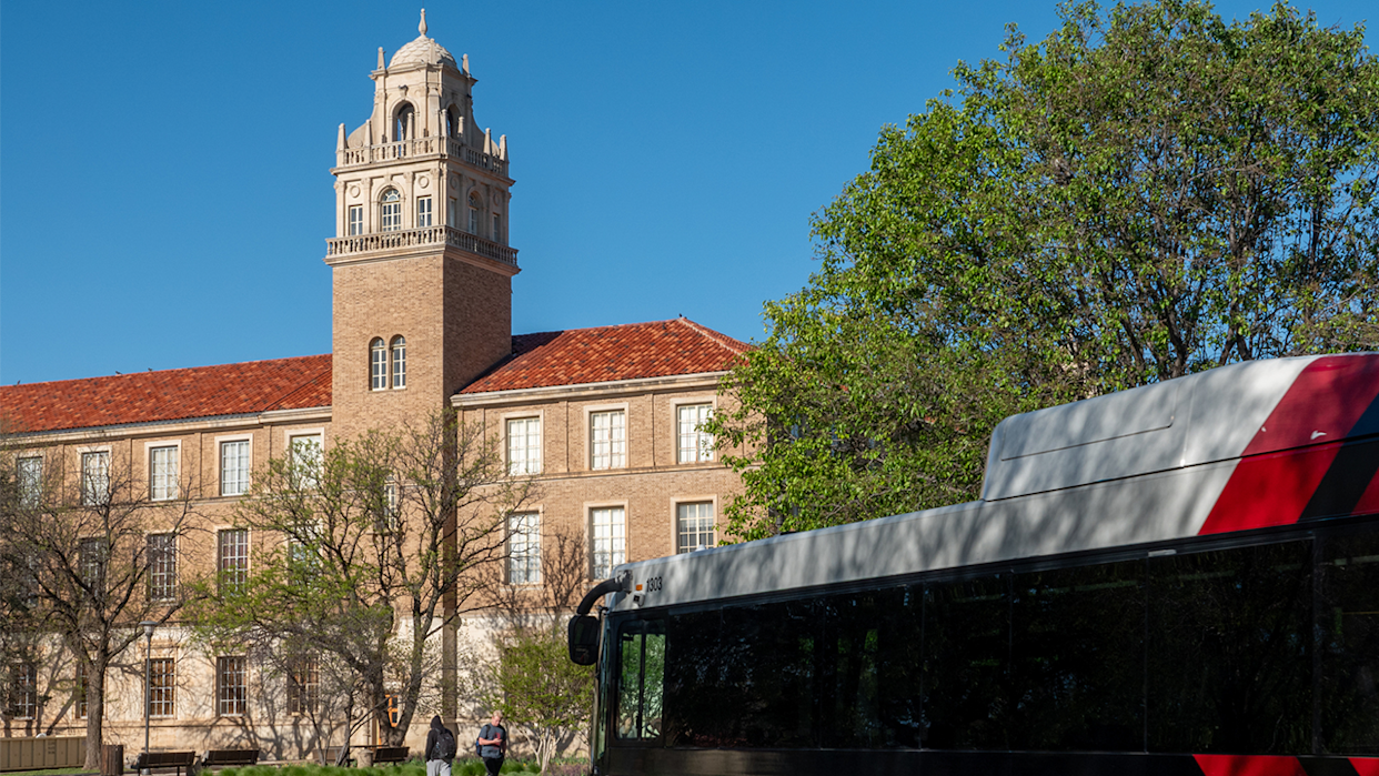 Texas Tech campus buildings and walkways under a clear sky