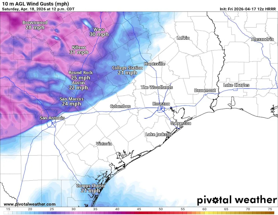 A surge of strong winds in Texas will accompany Saturday’s cold front, with gusts nearing 40 mph. (Pivotal)