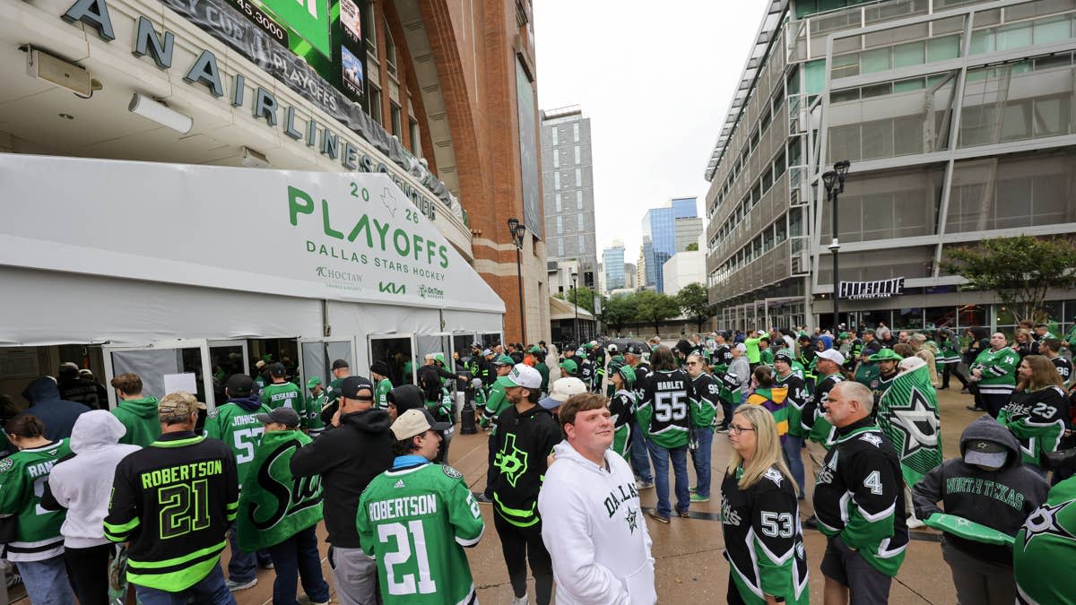 Apr 18, 2026; Dallas, Texas, USA; Fans wait for the doors to open before the Minnesota Wild play the Dallas Stars in game one of the first round of the 2026 Stanley Cup Playoffs at American Airlines Center. Mandatory Credit: Thomas Shea-Imagn ImagesCredit: Thomas Shea-Imagn Images