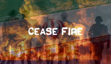 A photo illustration of war with the words cease fire superimposed on it.
