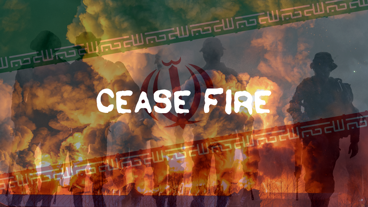 A photo illustration of war with the words cease fire superimposed on it.