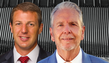 A photographic illustration with Markwayne Mullin on the left and Ricardo Samaniego on the right in front the border wall.