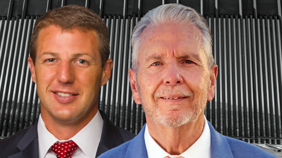 A photographic illustration with Markwayne Mullin on the left and Ricardo Samaniego on the right in front the border wall.