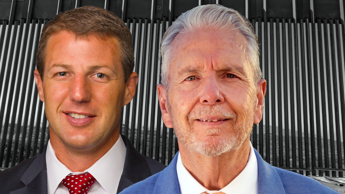 A photographic illustration with Markwayne Mullin on the left and Ricardo Samaniego on the right in front the border wall.