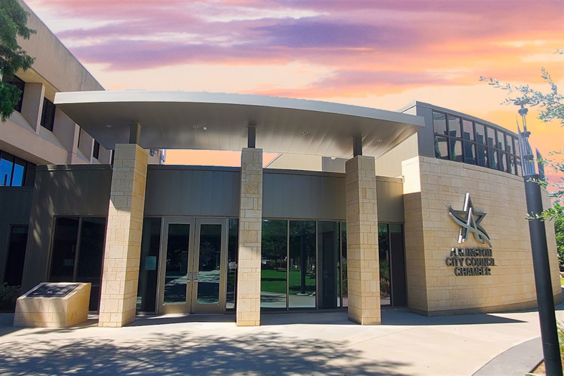 exterior of City Council chamber in the evening