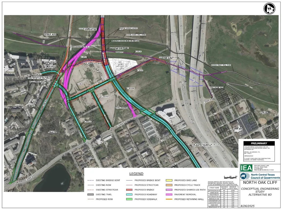 The North Central Texas Council of Governments, with Dallas' transportation officials and planners from Halff, spent years trying to untangle the Oak Cliff side of the levee for the Oak Farms project. This is their proposed result. (North Central Texas Council of Governments)