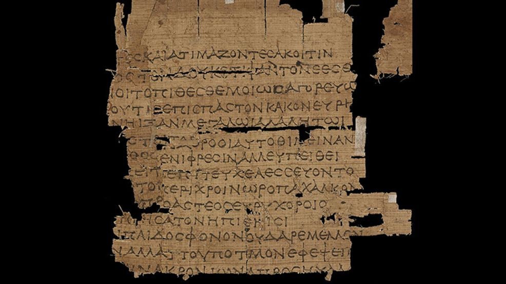 Fragment of Homer’s Odyssey (P. Ryl. Gr. 3 546). Papyrus fragment containing lines from Homer’s Odyssey, written in Greek.