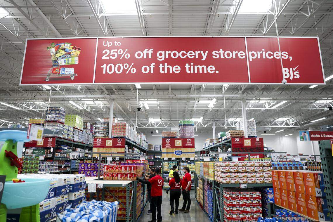 Workers stock the shelves of BJ's Wholesale Club at 7241 Harris Parkway in Fort Worth on Friday, April 24, 2026. The Massachusetts-based membership club claims customers save up to 25% off.