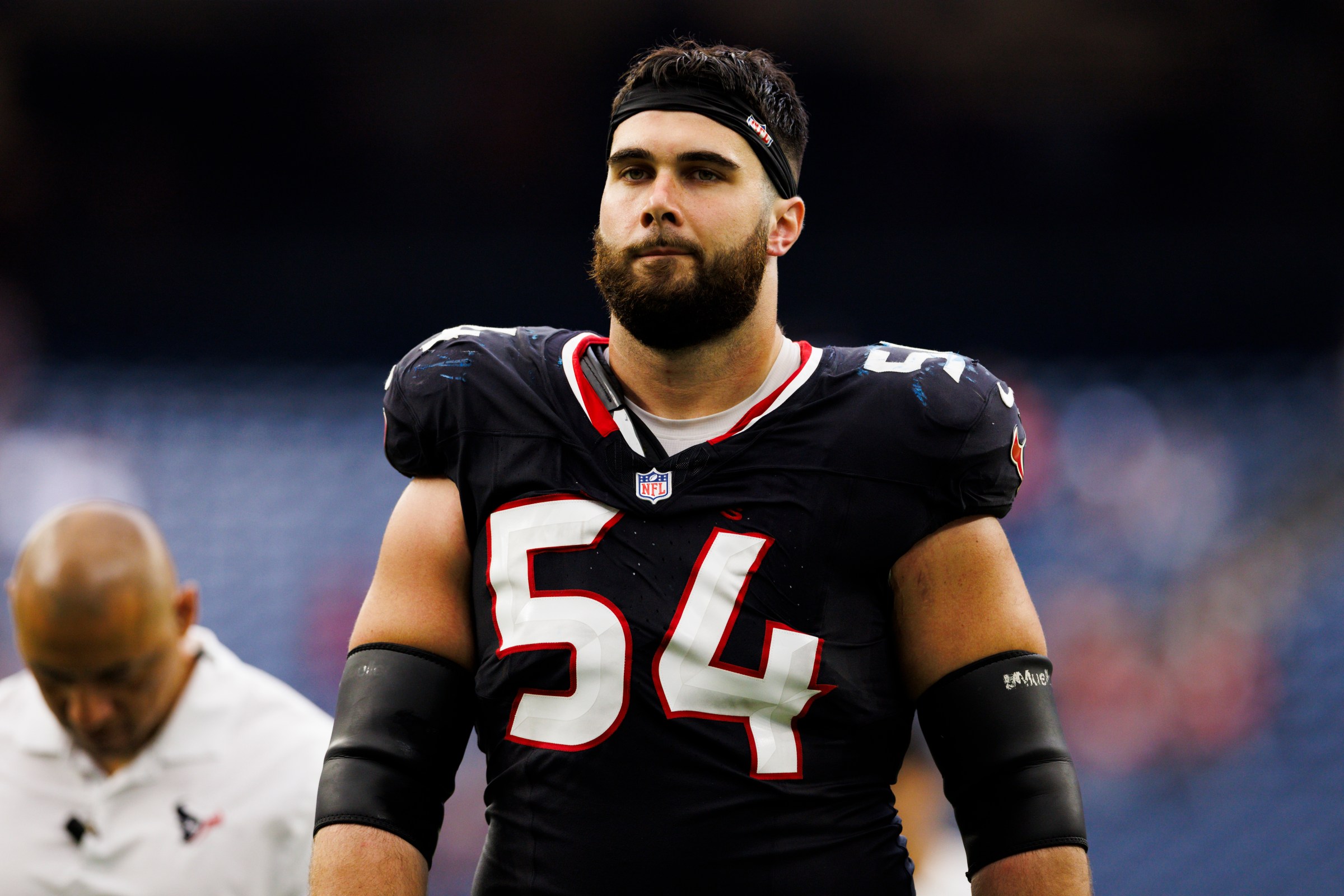 HOUSTON, TEXAS - AUGUST 24: Jarrett Patterson #54 of the Houston Texans walks off the field during a preseason game against the Los Angeles Rams at NRG Stadium on August 24, 2024 in Houston, Texas. (Photo by Ric Tapia/Getty Images)