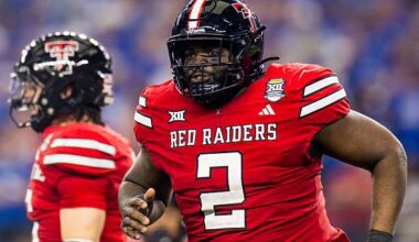 ARLINGTON, TEXAS - DECEMBER 06: Lee Hunter #2 of the Texas Tech Red Raiders runs across the field during the first half the Big 12 Championship game against the BYU Cougars at AT&amp;T Stadium on December 06, 2025 in Arlington, Texas.  (Photo by John E. Moore III/Getty Images)