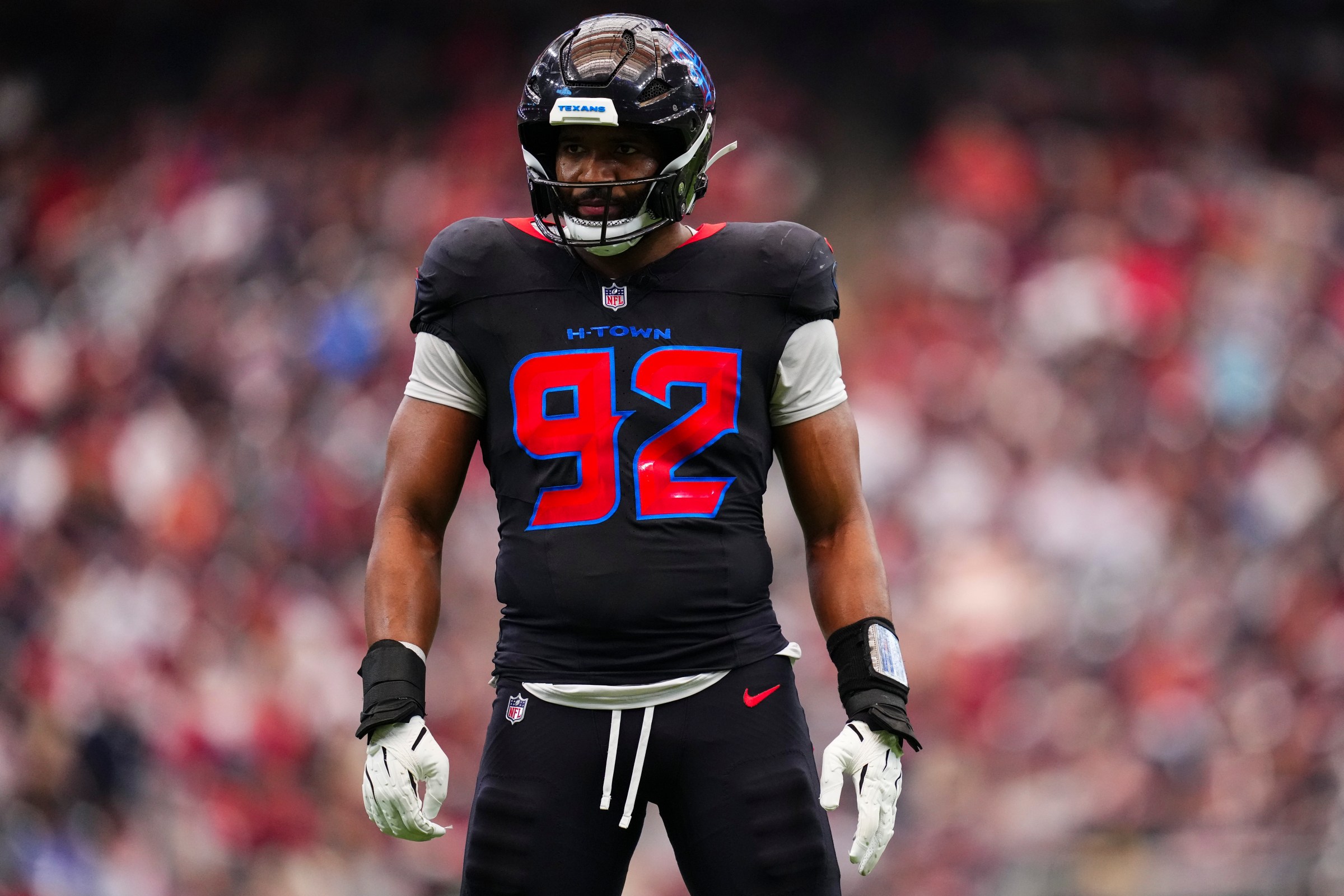 HOUSTON, TX - JANUARY 04: Dylan Horton #92 of the Houston Texans looks on from the field during an NFL football game against the Indianapolis Colts at NRG Stadium on January 4, 2026 in Houston, Texas. (Photo by Cooper Neill/Getty Images)
