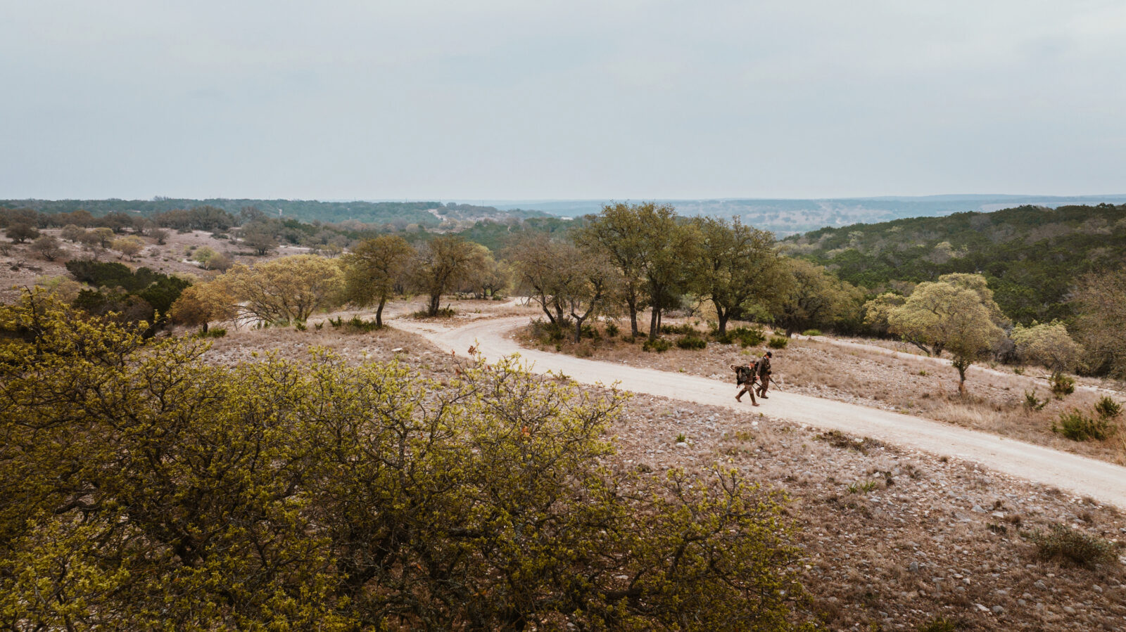 Two men walk through a Texas landscape