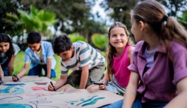 Children participating in outdoor art activities at summer camp in Tarrant County.