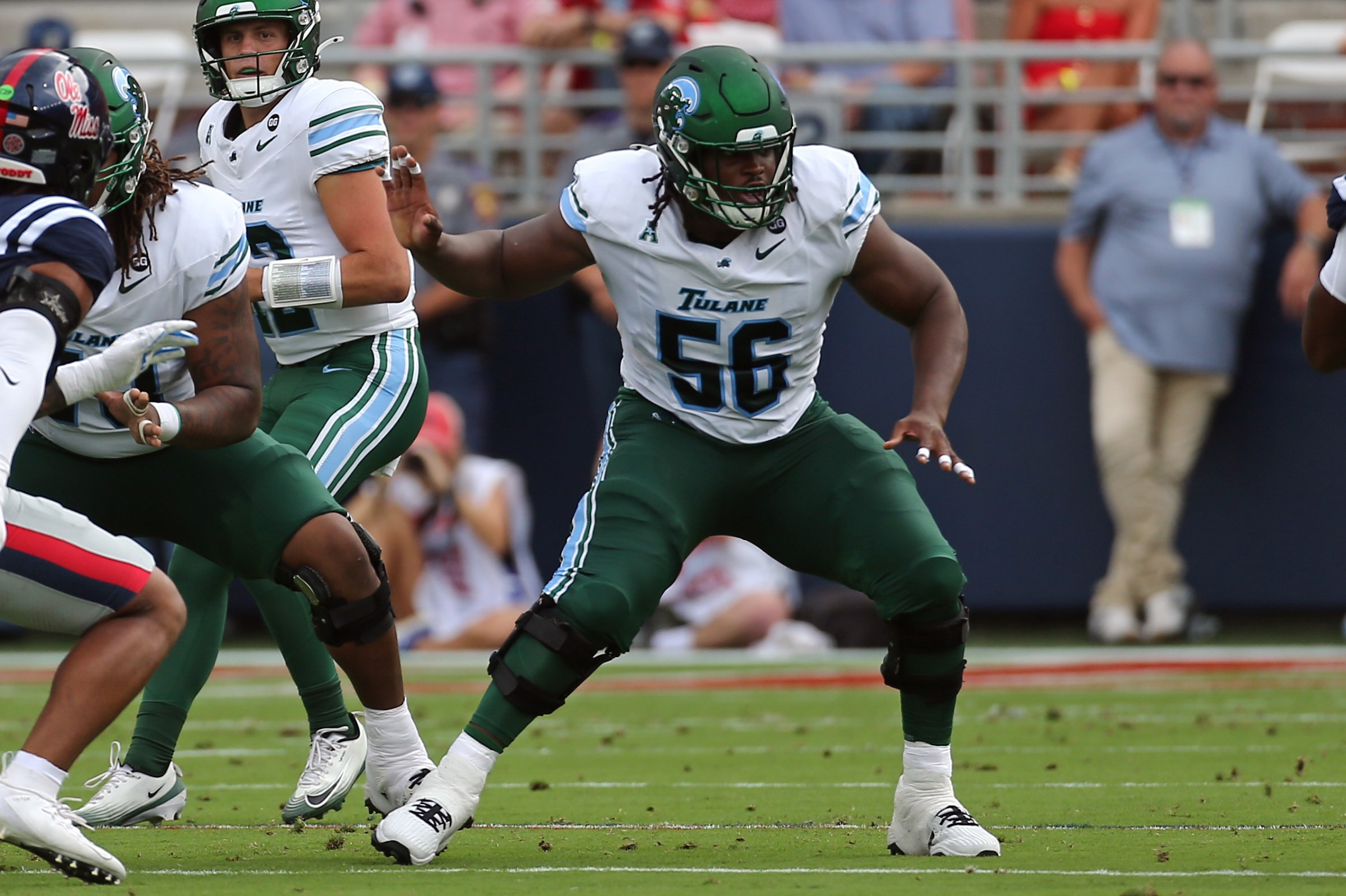 Sep 20, 2025; Oxford, Mississippi, USA; Tulane Green Wave offensive linemen Shadre Hurst (56) blocks during the first quarter against the Mississippi Rebels at Vaught-Hemingway Stadium. Mandatory Credit: Petre Thomas-Imagn Images