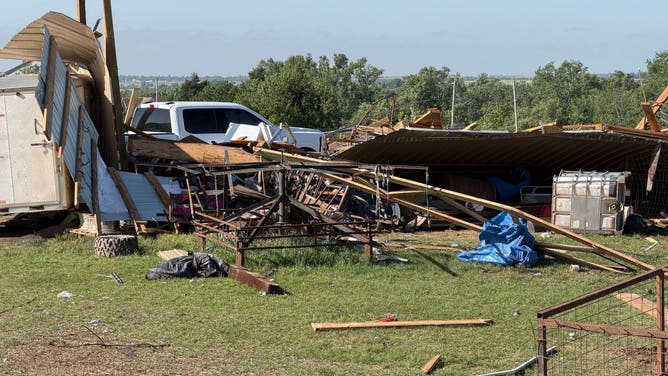 A collapsed structure on a farm in Enid, Oklahoma.