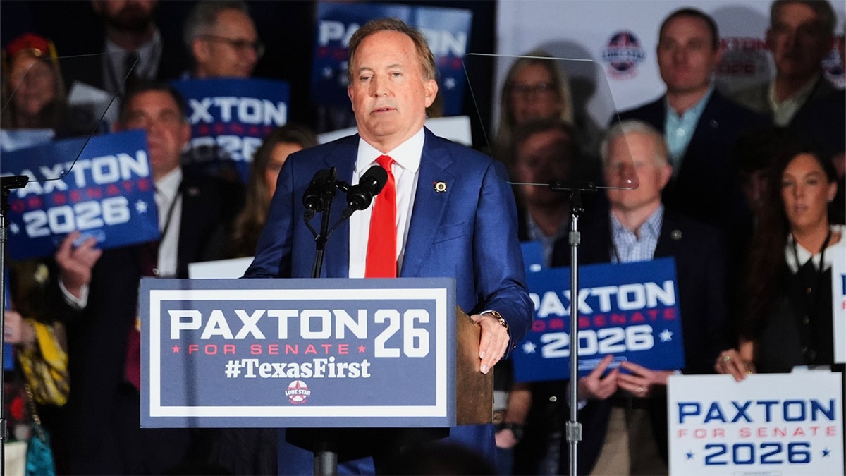 Texas Attorney General Ken Paxton speaking at a primary election night watch party in Dallas