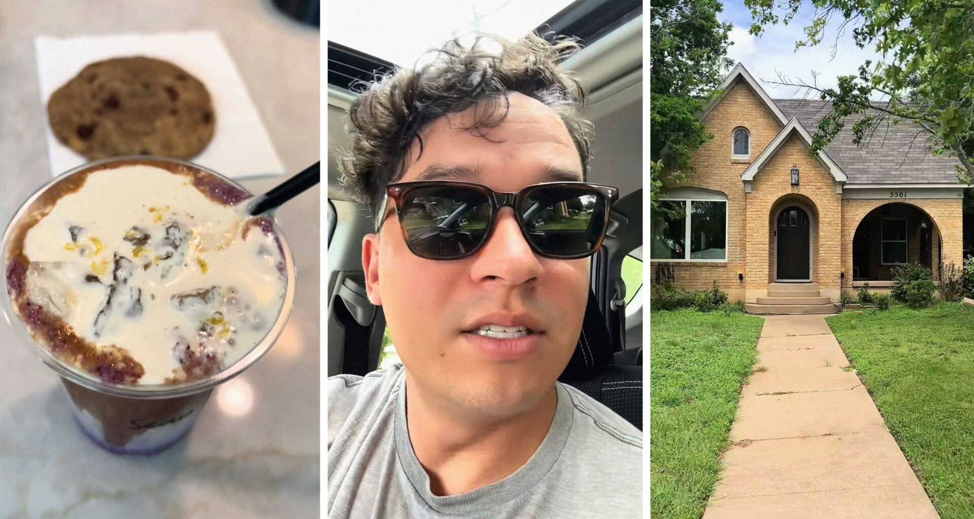 coffee and cookie (l) man shares coffee shop tour (c) someone's home (r)