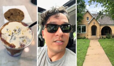 coffee and cookie (l) man shares coffee shop tour (c) someone's home (r)
